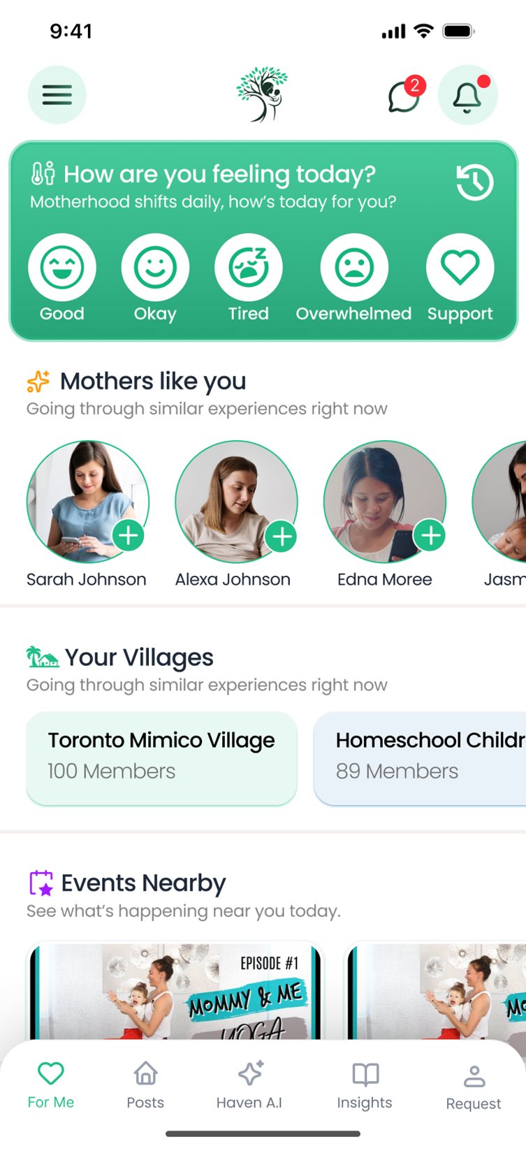 The Haven daily check-in: How are you feeling today, with Good, Okay, Tired, Overwhelmed and Support, and parents like you nearby.