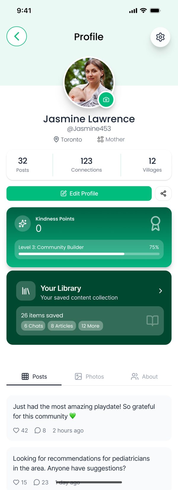 A Haven profile showing Kindness Points and Your Library with saved chats, articles and more.